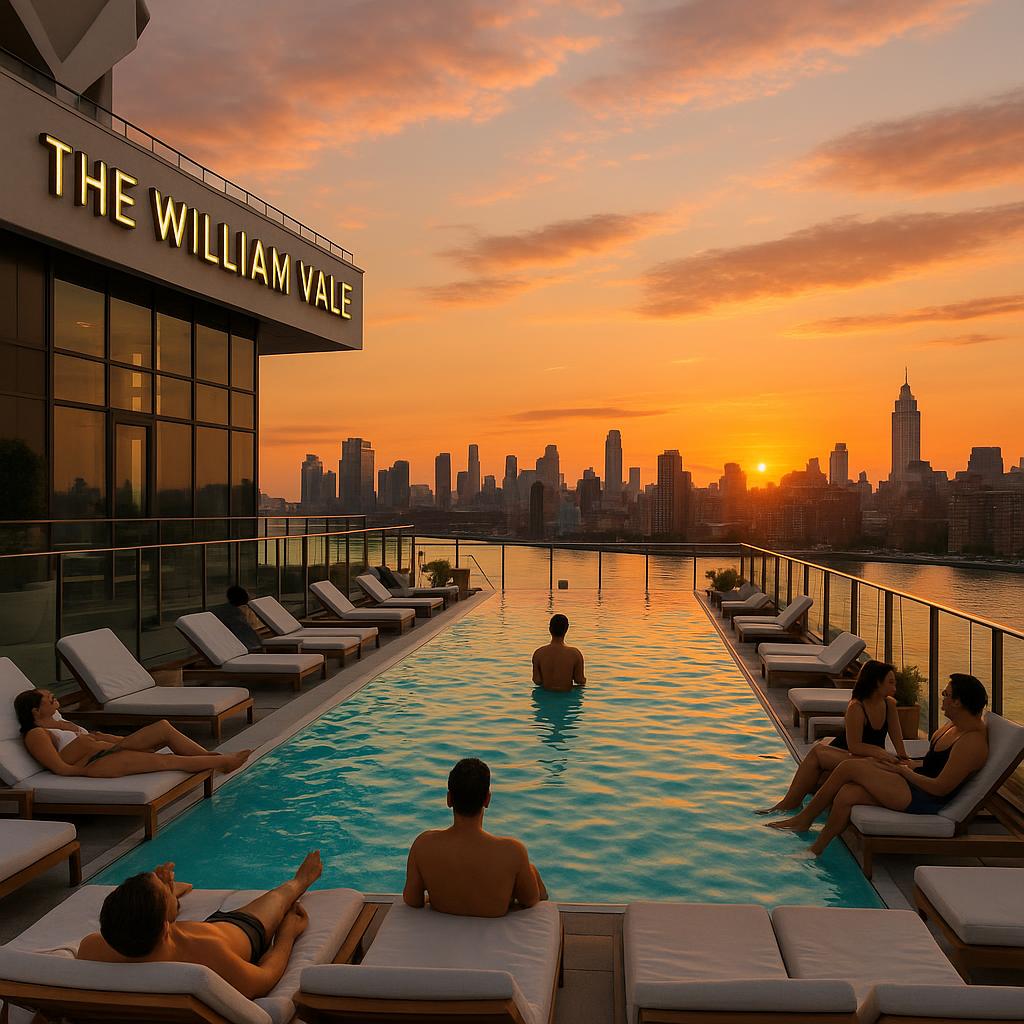 The William Vale rooftop pool overlooking Brooklyn skyline at sunset