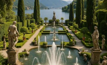 Elegant water fountains and sculptures in Villa d'Este gardens with Lake Como backdrop