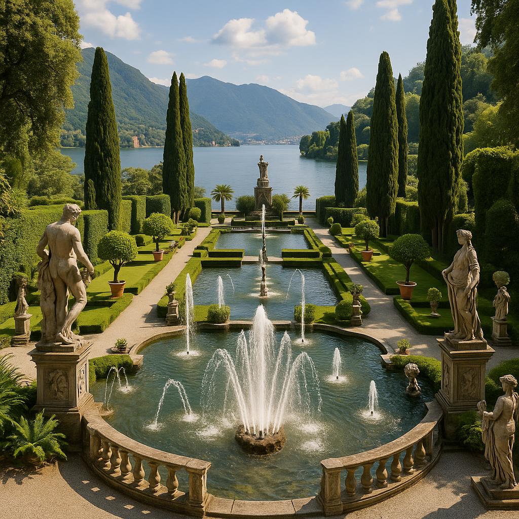 Elegant water fountains and sculptures in Villa d'Este gardens with Lake Como backdrop