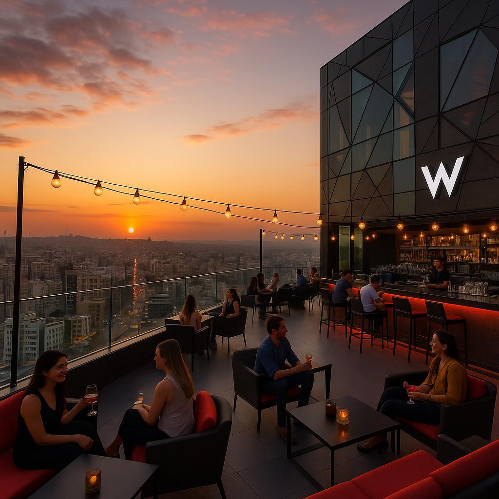 Rooftop bar at W Amman overlooking Amman cityscape