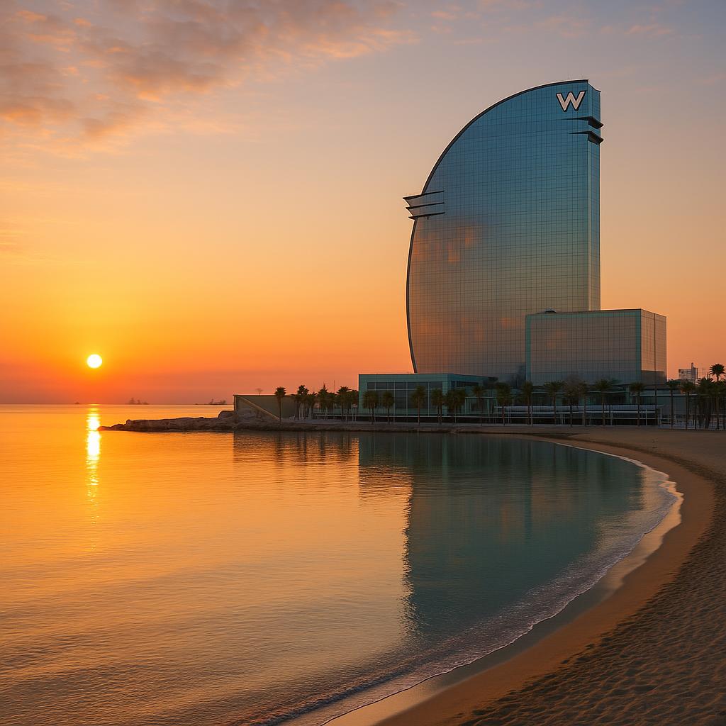 W Barcelona sail-shaped hotel reflecting golden sunrise over the beach and sea