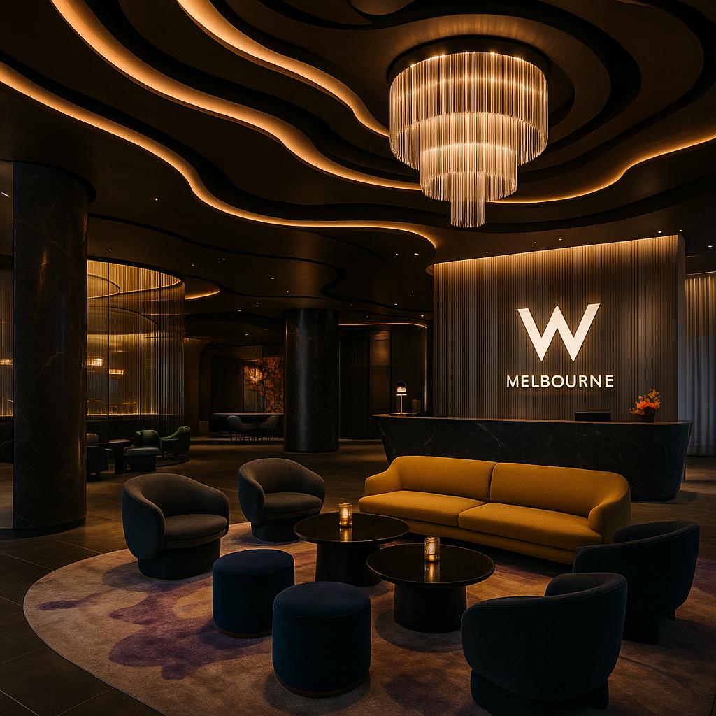 Luxurious W Melbourne hotel lobby with modern design and ambient lighting
