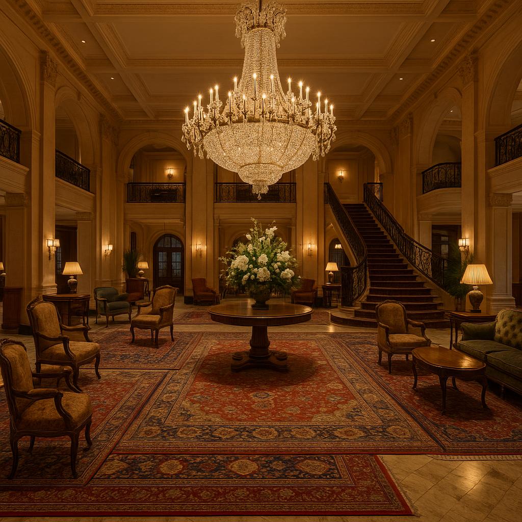 Elegant hotel lobby with grand chandelier and vintage decor