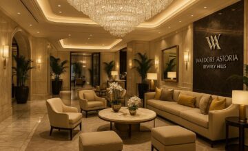 Waldorf Astoria Beverly Hills lobby interior with chandelier and marble floors