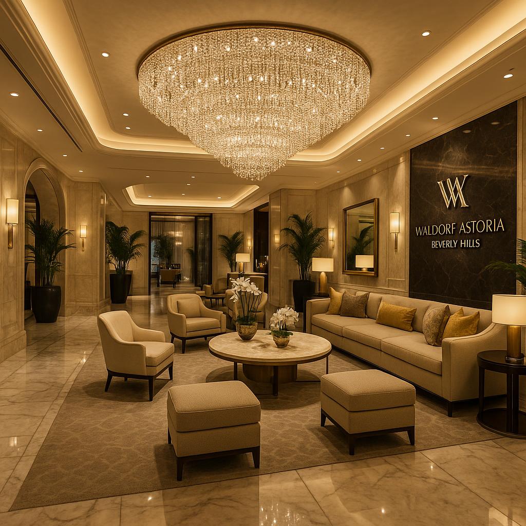Waldorf Astoria Beverly Hills lobby interior with chandelier and marble floors