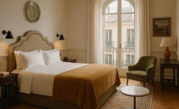Elegant boutique hotel room with sophisticated European-style interior