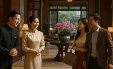 Luxury Asian hotel lobby with attentive staff
