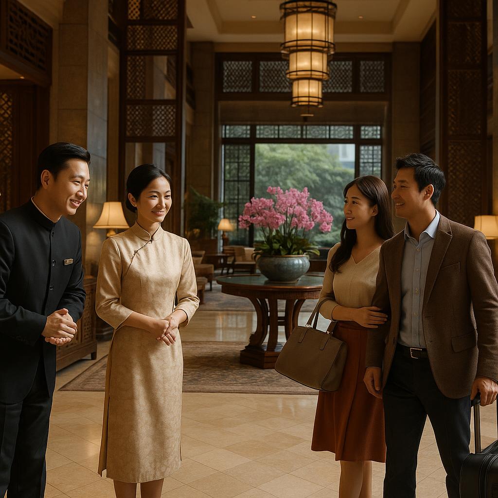 Luxury Asian hotel lobby with attentive staff