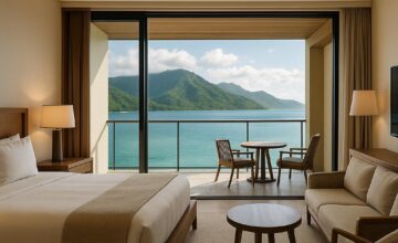 Luxury hotel room with panoramic ocean and mountain views in Oceania