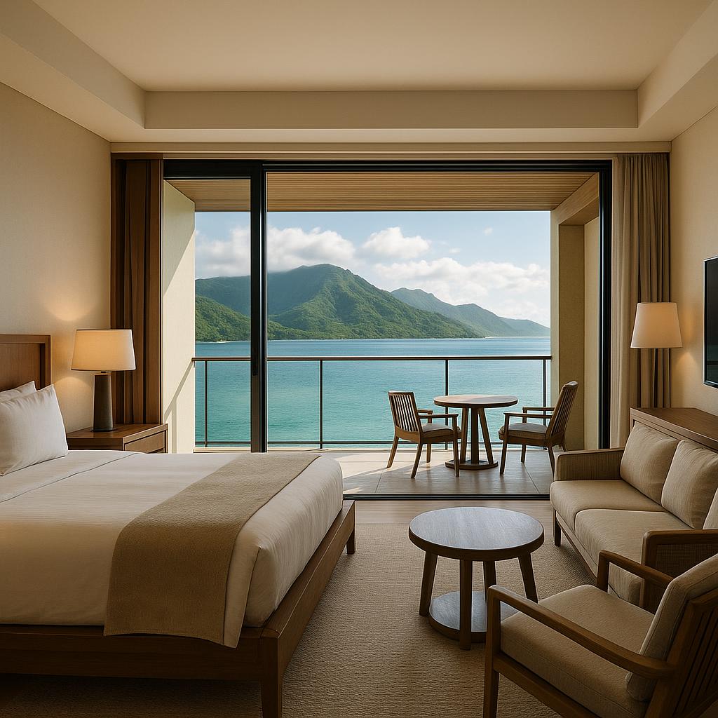 Luxury hotel room with panoramic ocean and mountain views in Oceania