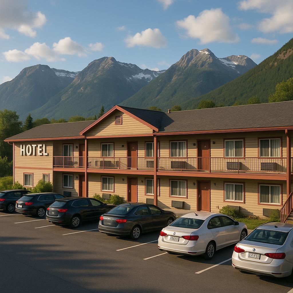 Roadside hotel with mountain scenery