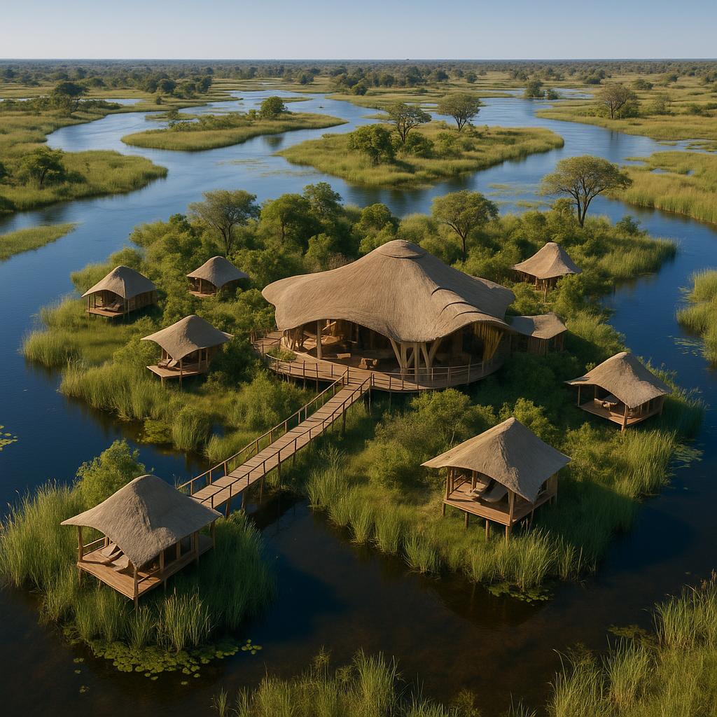Aerial view of Xigera Safari Lodge blending into Okavango Delta with natural design.