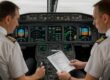 Cockpit of commercial airliner with safety instruments and pilots checking systems
