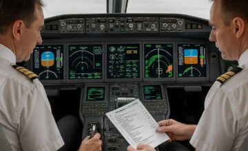 Cockpit of commercial airliner with safety instruments and pilots checking systems