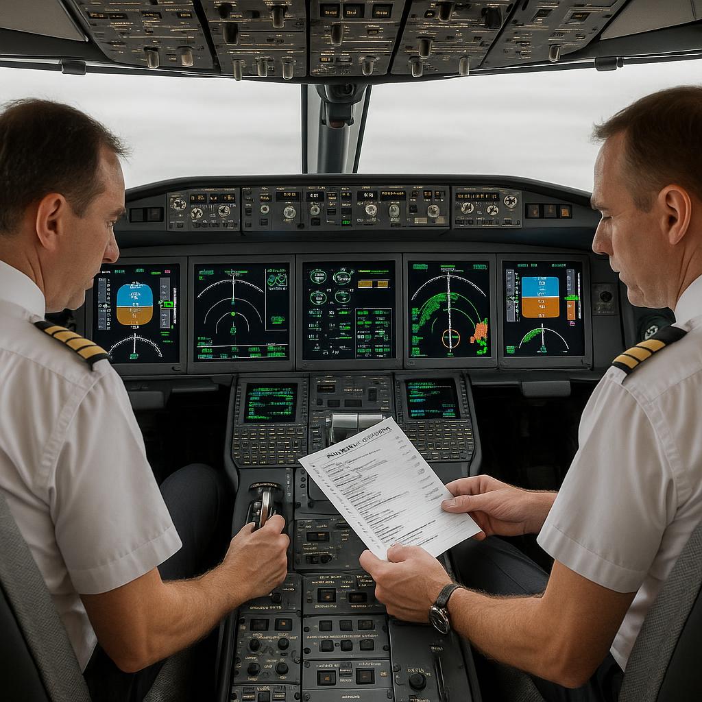 Cockpit of commercial airliner with safety instruments and pilots checking systems