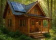 Eco-friendly cabin in forest with solar panels and natural surroundings
