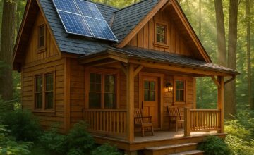 Eco-friendly cabin in forest with solar panels and natural surroundings