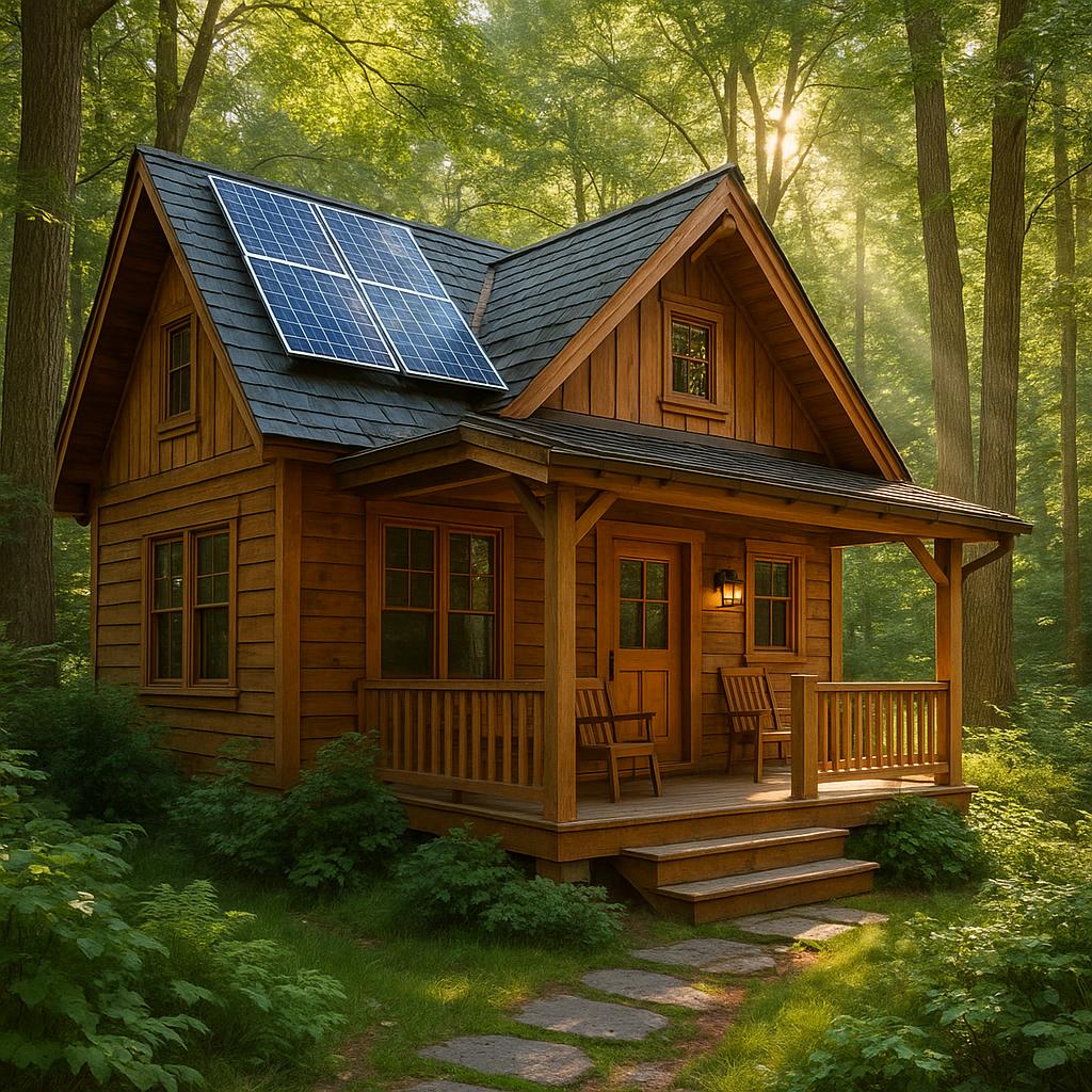 Eco-friendly cabin in forest with solar panels and natural surroundings
