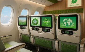 Modern airplane cabin with tech and eco-friendly design enhancing passenger comfort