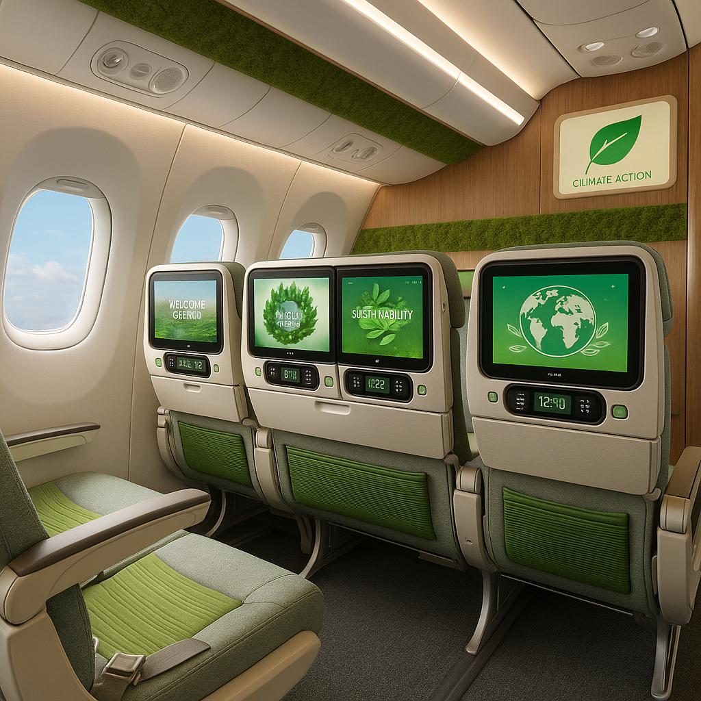 Emerging Trends in Airline Services: Innovations Shaping the Future of Air Travel 2 Modern airplane cabin with tech and eco-friendly design enhancing passenger comfort