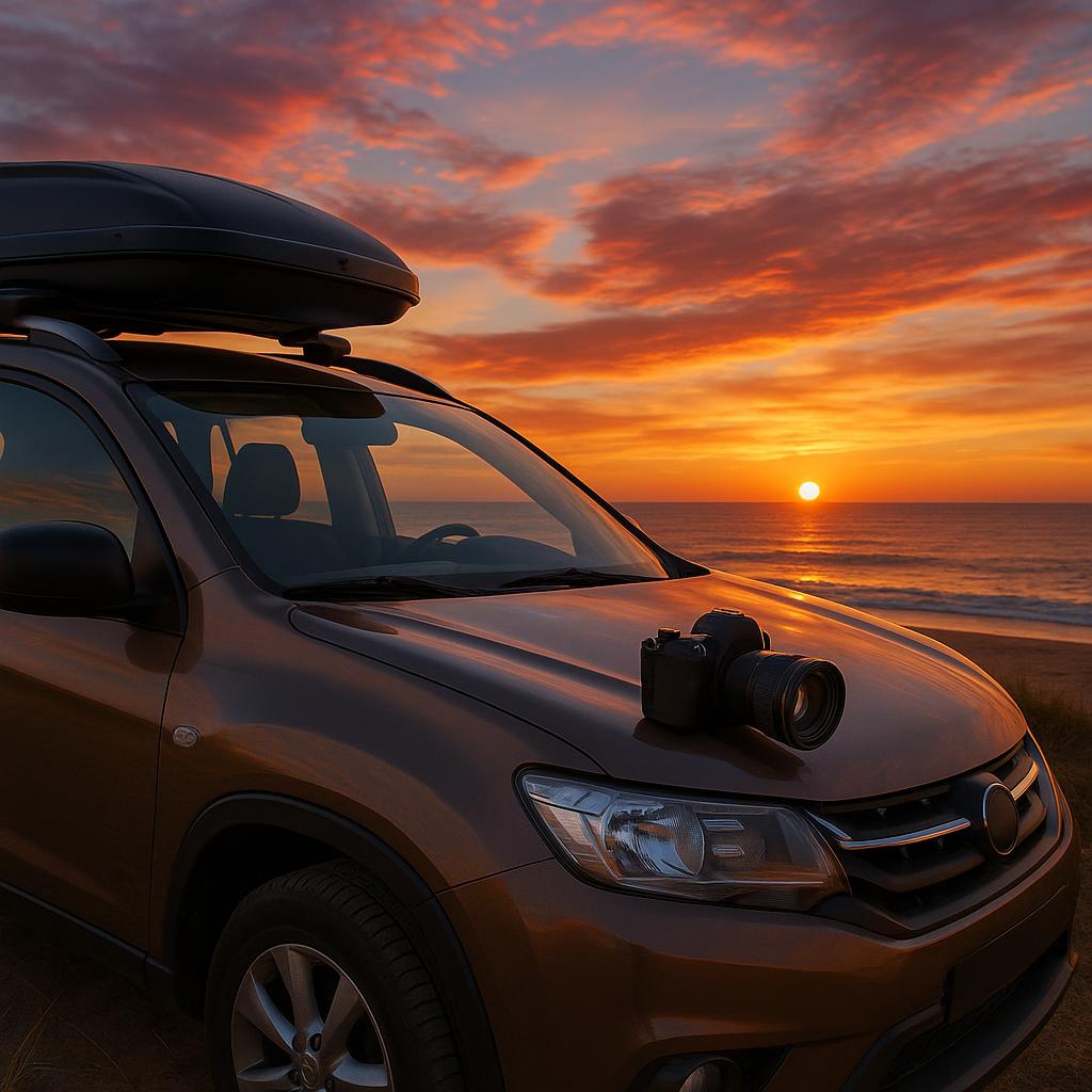 Car parked near beach at sunset with camera on bonnet
