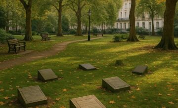 Postman’s Park peaceful area with memorial plaques and autumn leaves