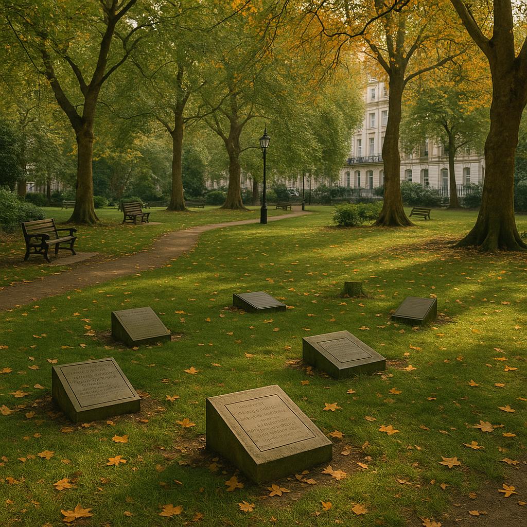 Postman’s Park peaceful area with memorial plaques and autumn leaves