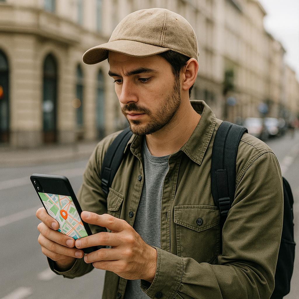 Person exploring city using smartphone map app