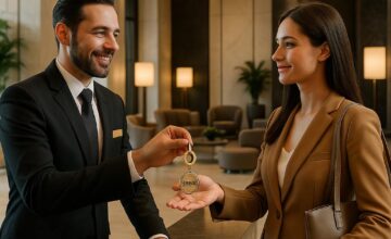 Luxurious hotel lobby with concierge handing over key