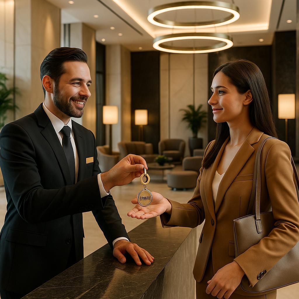 Luxurious hotel lobby with concierge handing over key