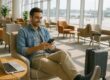 Traveler comfortably resting in an airport lounge