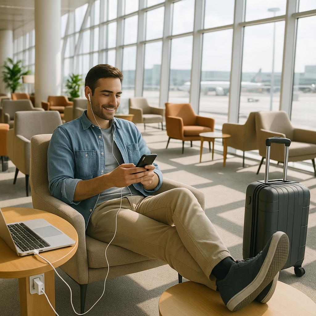 Traveler comfortably resting in an airport lounge