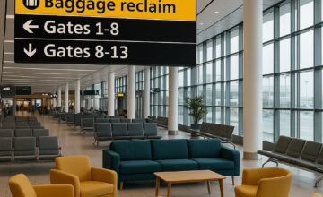 Comfortable seating and clear signage in a UK airport terminal