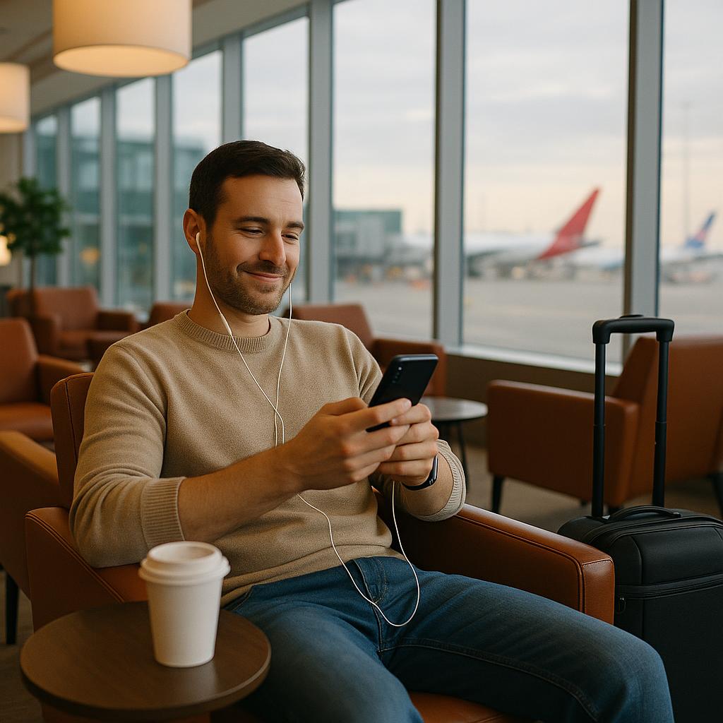 Traveller relaxing with mobile device in airport lounge