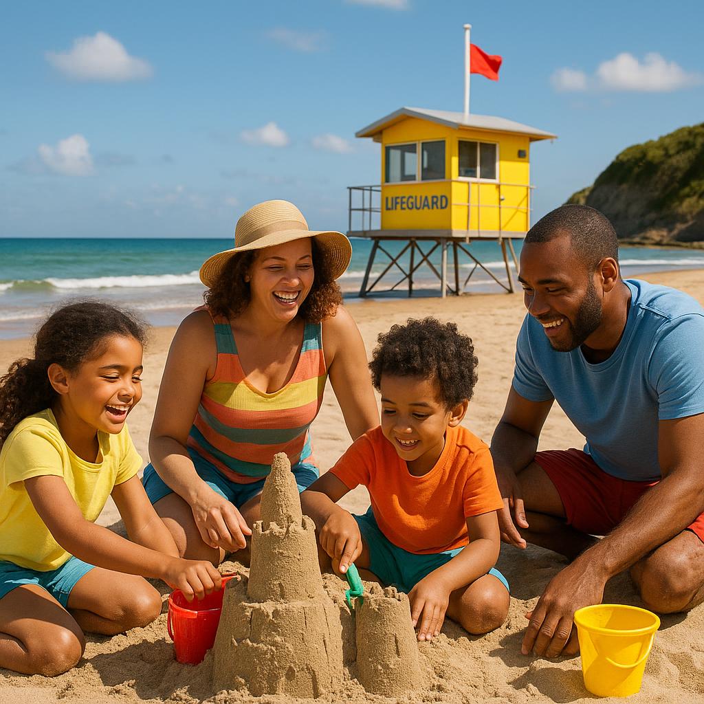 Family building sandcastles on a UK beach