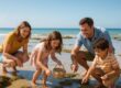Family exploring rock pools on a calm beach