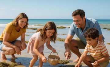 Family exploring rock pools on a calm beach