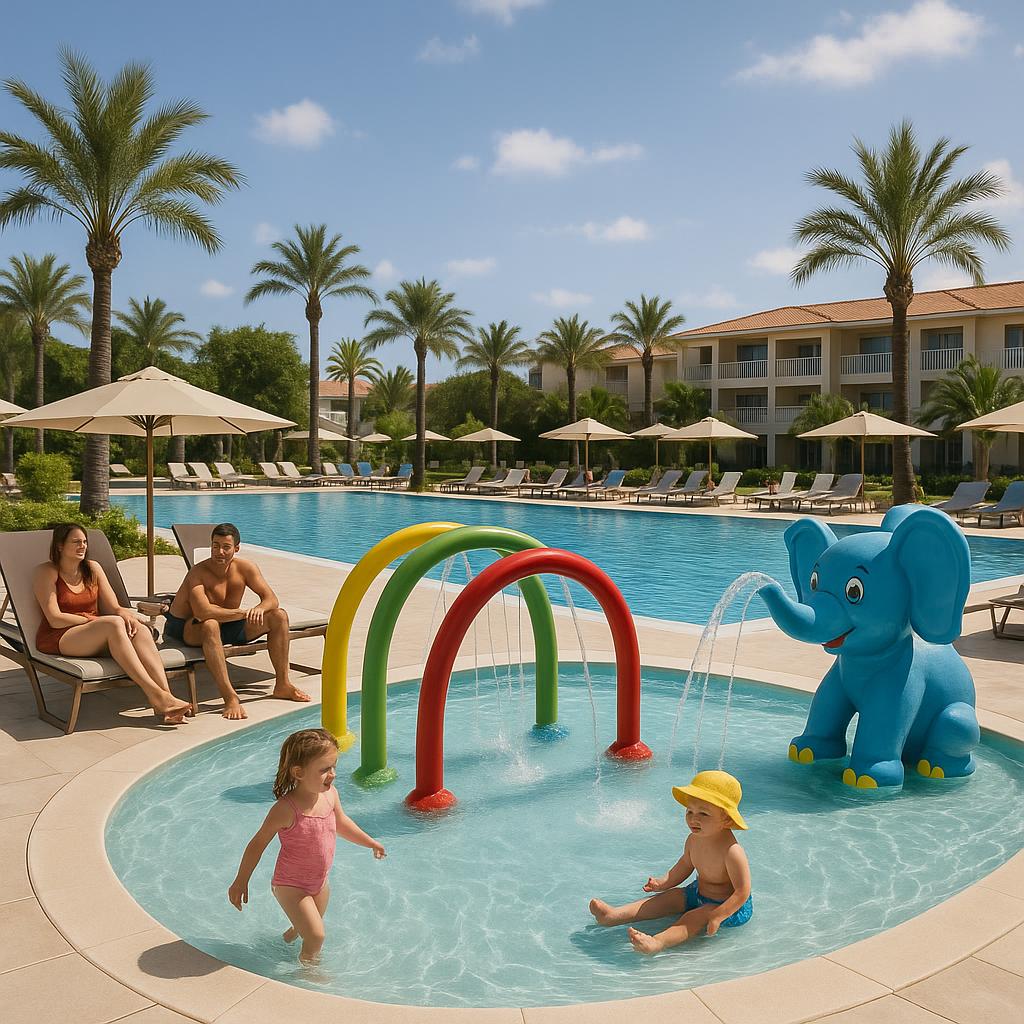 Family-friendly resort pool with kids area and parents relaxing