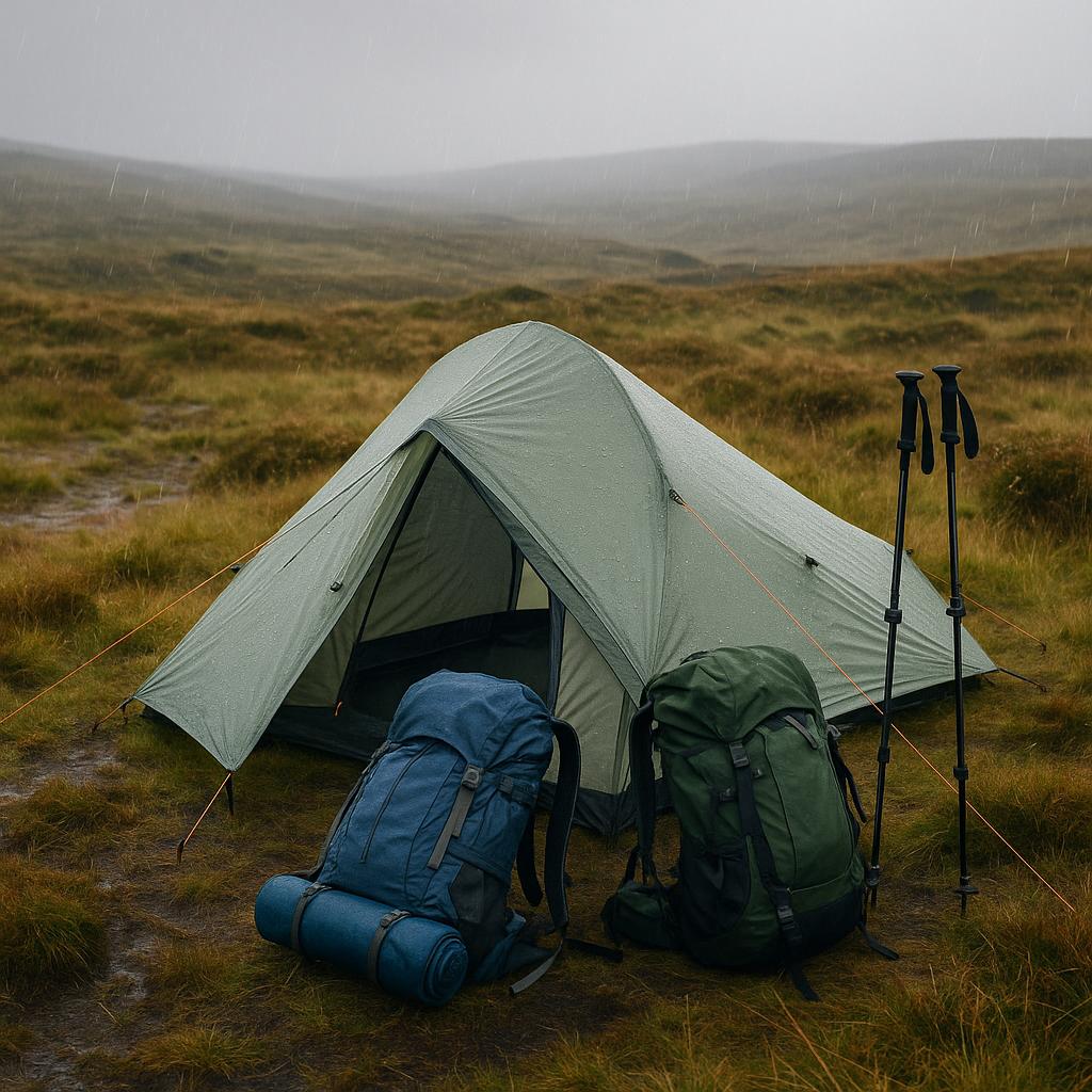 Lightweight tent on damp moorland showing rain protection and small pack