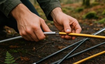 Hands assembling lightweight backpacking tent poles in damp woodland