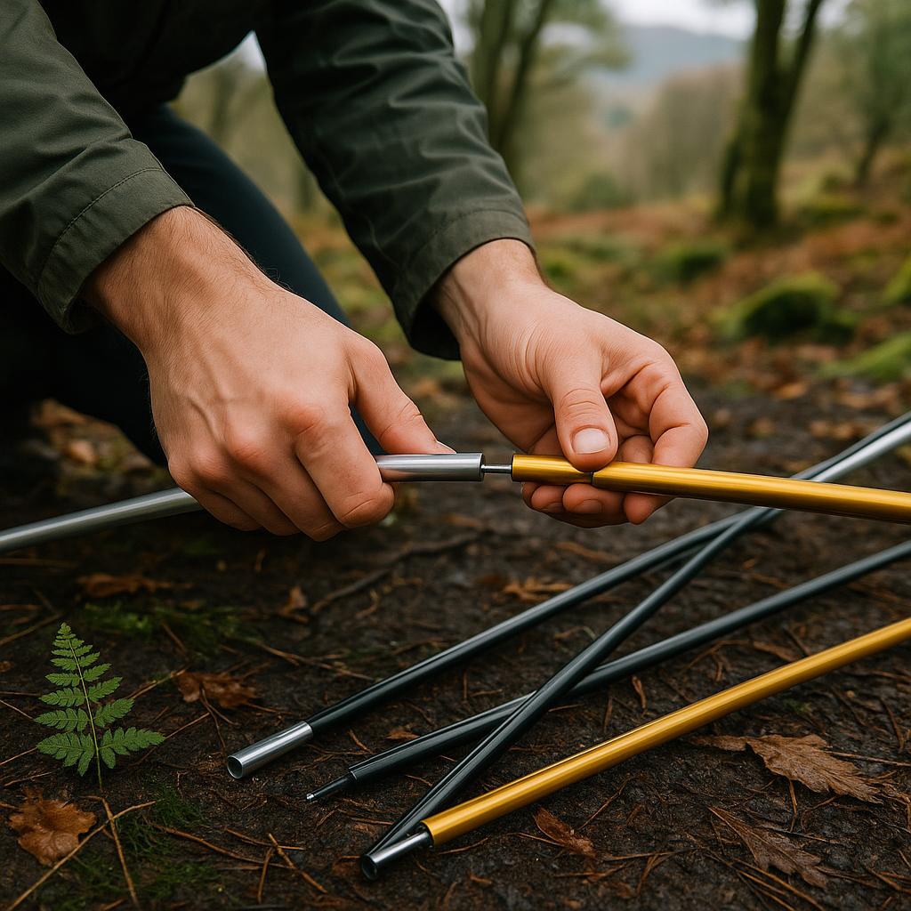 Hands assembling lightweight backpacking tent poles in damp woodland