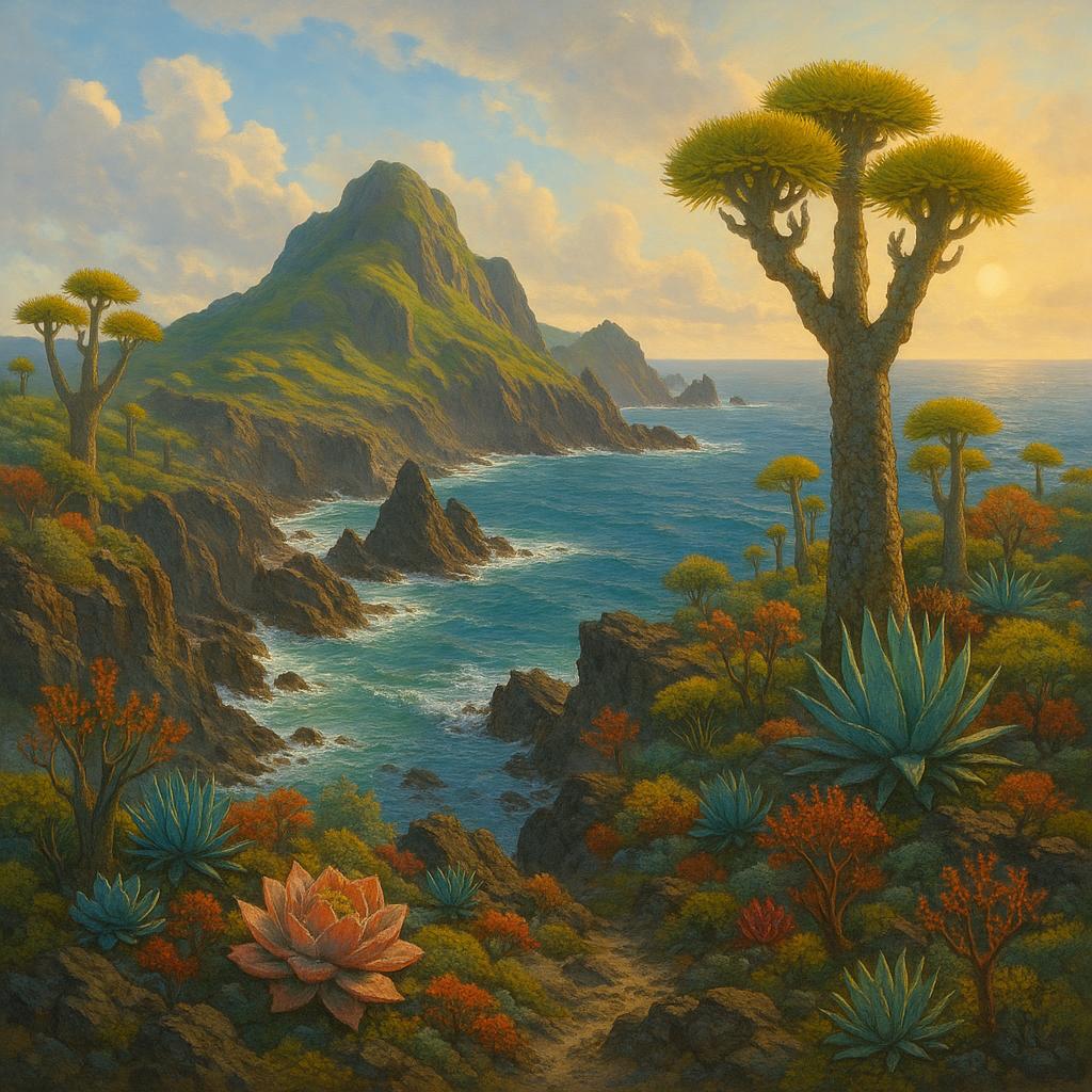 Scenic view of a remote offbeat island coastline with unique vegetation