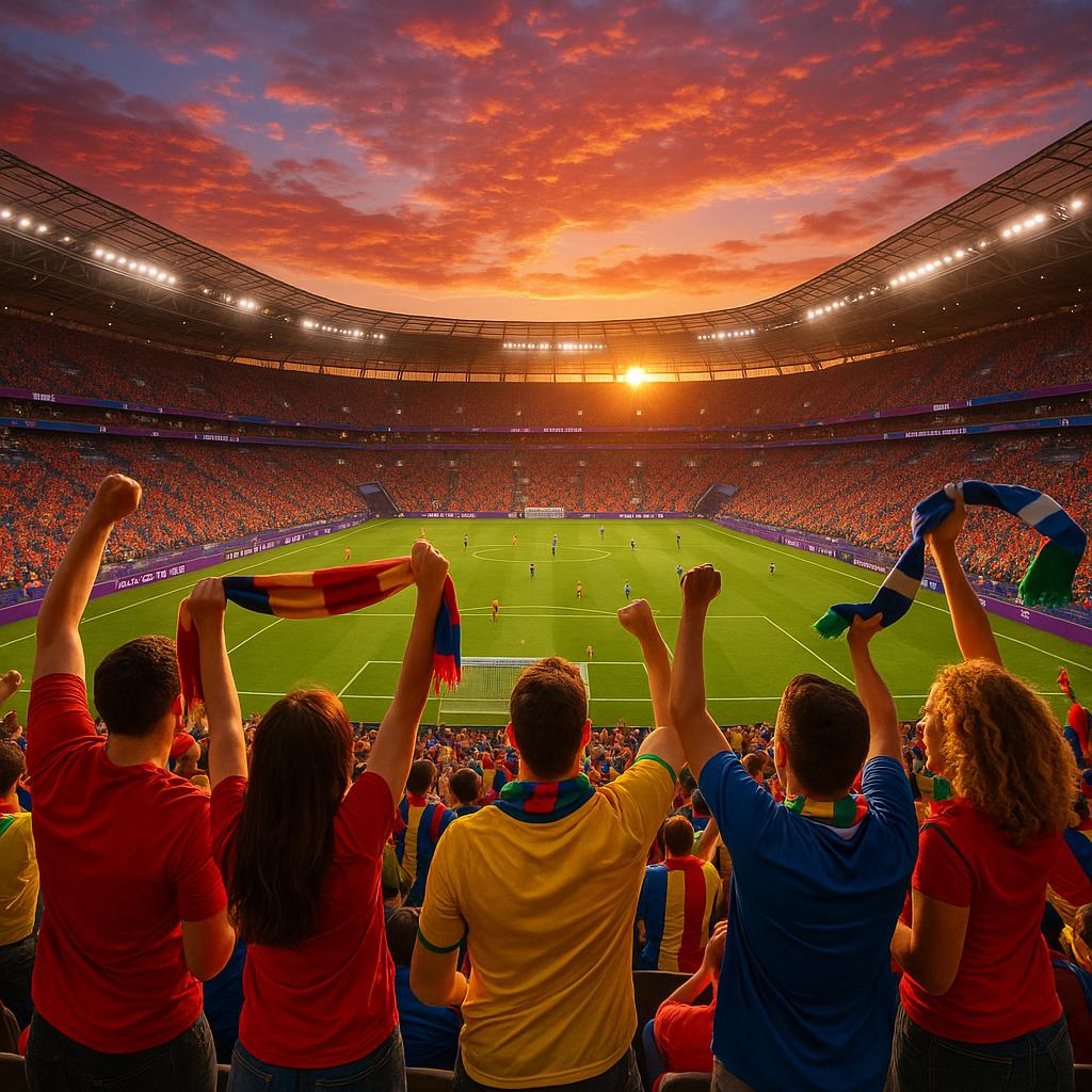 FIFA World Cup stadium with passionate fans at sunset