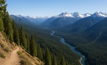 Panoramic mountain trail showing forests, peaks, river