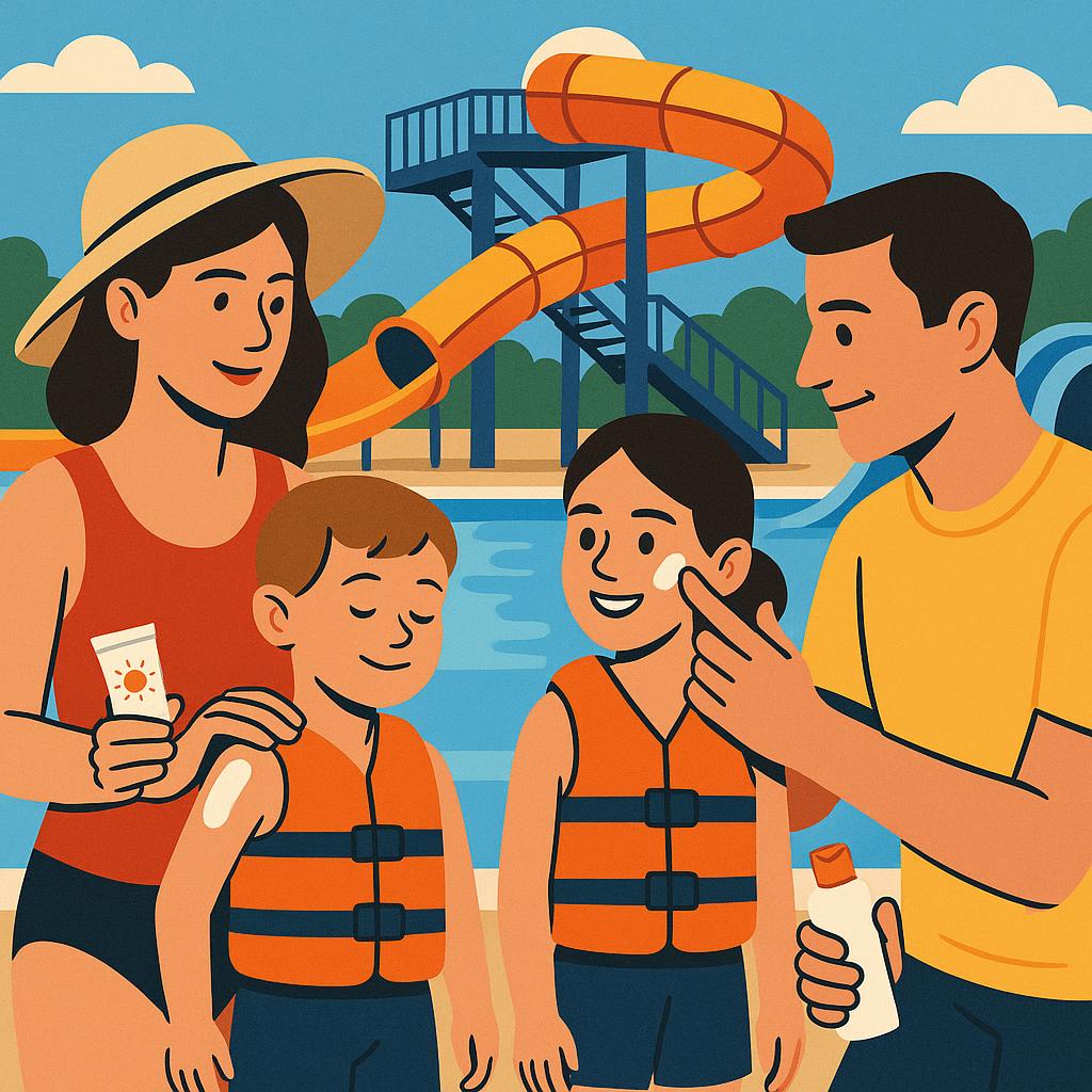 Family supervising children with life jackets and sunblock at water park