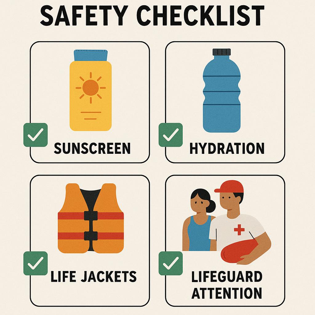 Water park safety checklist with key safety measures illustrated