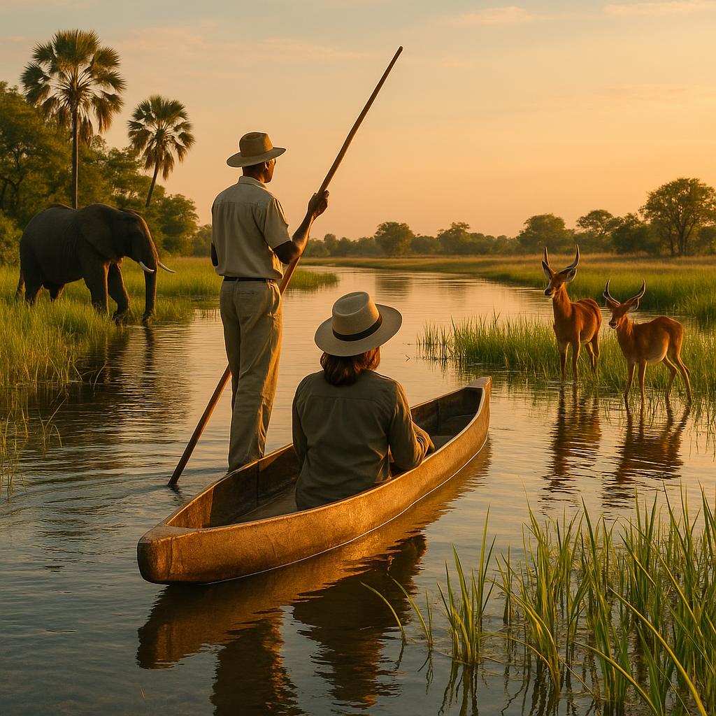 Mokoro canoe safari in Okavango Delta Botswana