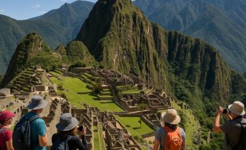 Panoramic Machu Picchu with tourists and green mountains