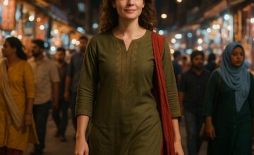 Solo female traveler walking safely in local market at night