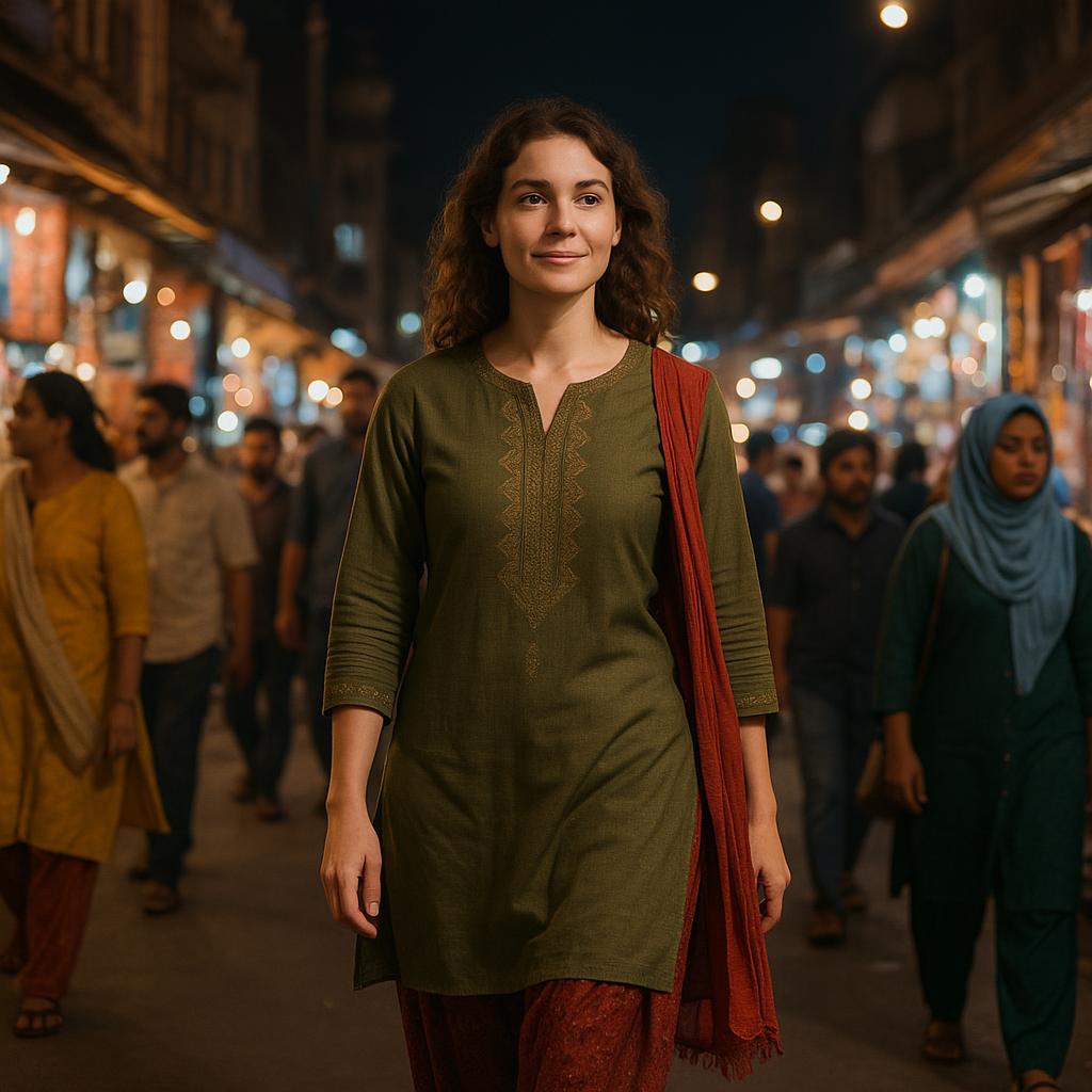 Solo female traveler walking safely in local market at night